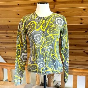 PrAna Women's Paisley Yellow Gray Button Up Cotton Cardigan Sweater Size M